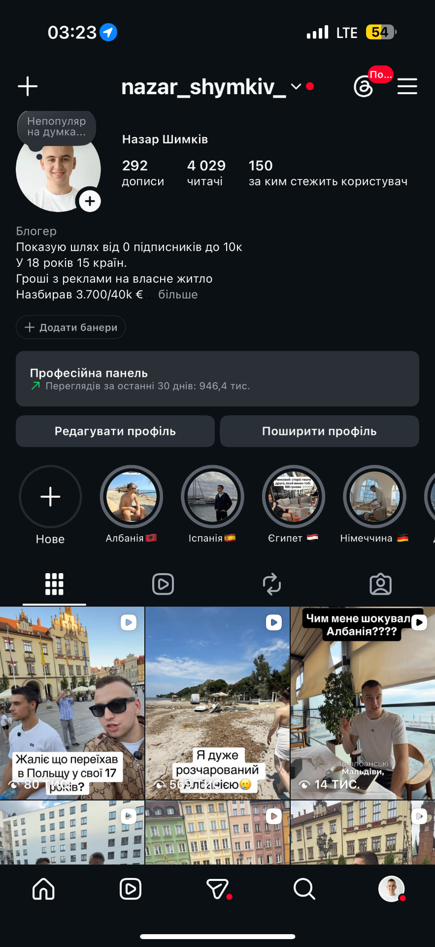 Скрін статистики Instagram — Назар Шимків